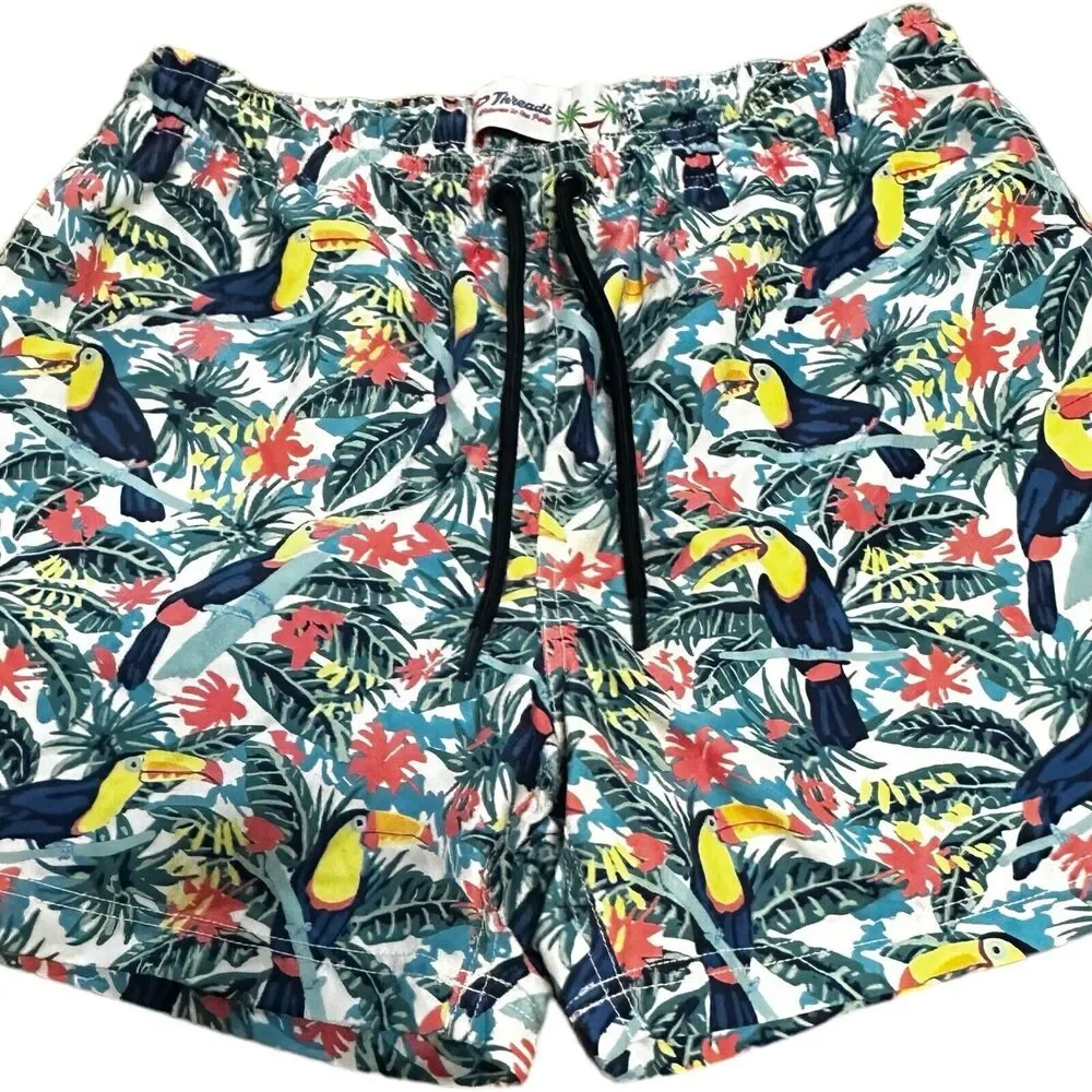 YP Threads Australia Mens Swim Shorts Sz 32 Tropical Colorful Birds Palm Trees